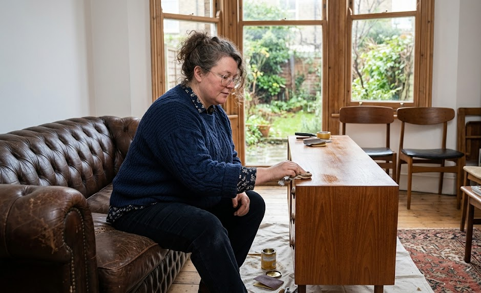 A woman relaxes on a couch in a stylish living room, with soft furnishings and a welcoming atmosphere